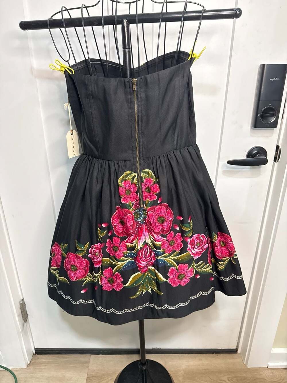 Forever 21 Strapless Floral Sweetheart Mini Dress Black Fuchsia Size L - Picture 3 of 11